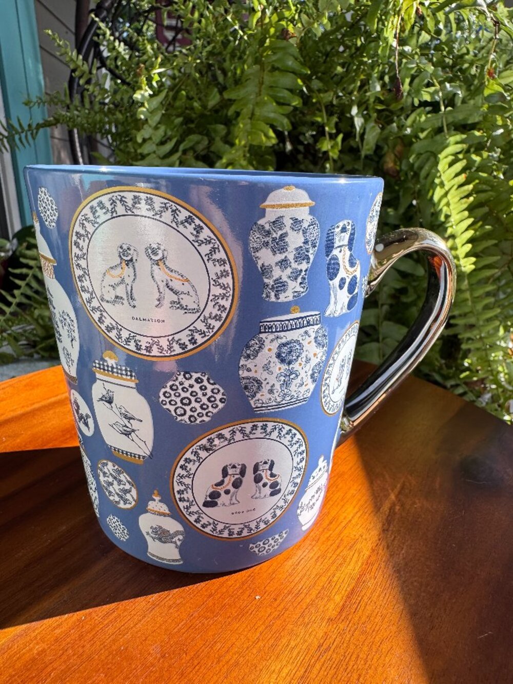 Ceramic Coffee Mug Blue and Gold, with Ginger Jars and Staffordshire Dogs Design
